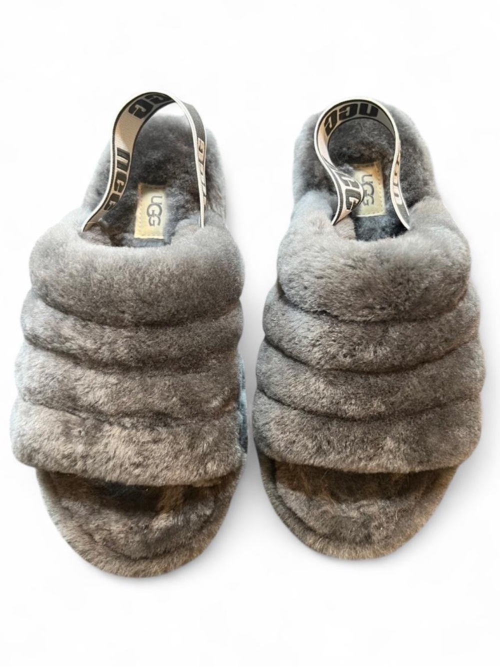 UGG Women's Grey Plush Puffer Slide Slingback Slippers